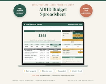 ADHD-Friendly Budget Spreadsheet, One-Screen Paycheck Planner (Excel/Google Sheets)