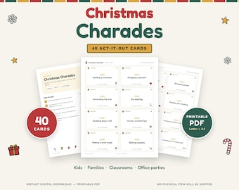 クリスマス・ジェスチャーゲーム用プリントアウトカード40枚（子供、家族、教室向け）（PDF）