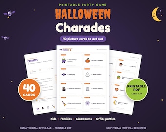 ハロウィンジェスチャーゲーム（印刷可能）、絵カード40枚、子供向けパーティーゲーム（PDF）