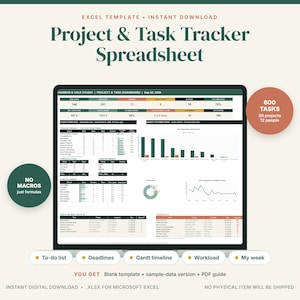 May include: An Excel template for a project and task tracker spreadsheet. The dashboard displays data tables, bar charts, and a pie chart. Text includes Project & Task Tracker Spreadsheet, 600 Tasks, 30 projects, 12 people, and No Macros just formulas.