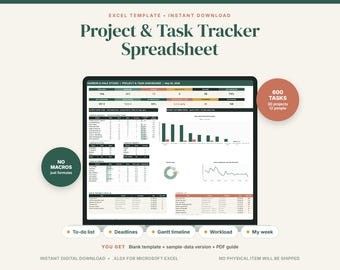 Project Task Tracker Spreadsheet, Gantt Chart, Team Workload Planner (Excel/Google Sheets)
