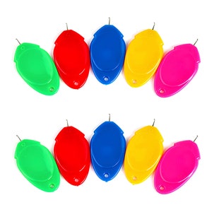 May include: Ten colorful plastic threaders, each with a small metal hook. The threaders are arranged in two rows of five, with the colors alternating: green, red, blue, yellow, pink.