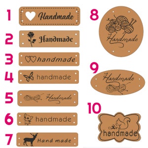 May include: Ten different brown leather labels with various designs and the word "Handmade" in different fonts and styles. The labels are numbered 1 through 10.