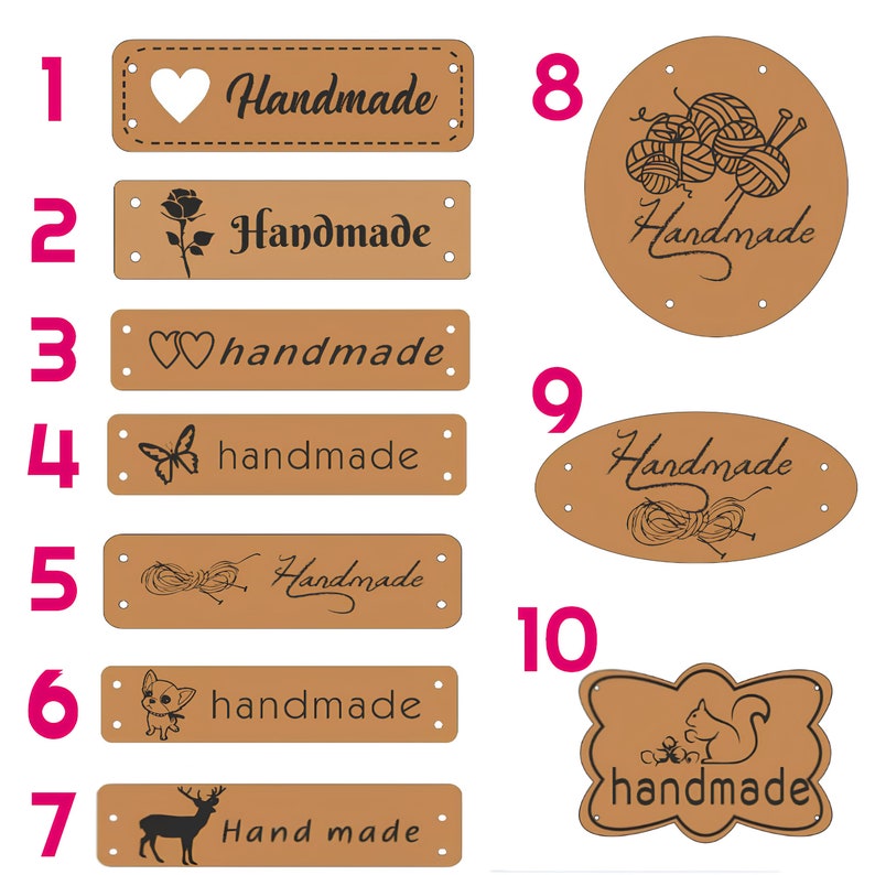 May include: Ten different brown leather labels with various designs and the word "Handmade" in different fonts and styles. The labels are numbered 1 through 10.