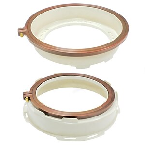 May include: Two white plastic rings with a copper colored metal band around the top. The rings are designed to be used as a ceiling fan light kit.