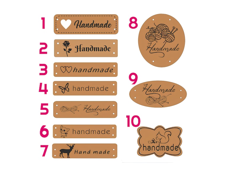 May include: Ten different brown leather labels with various designs and the word "Handmade" in different fonts and styles. The labels are numbered 1 through 10.