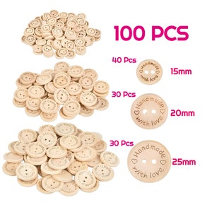 Wooden Handmade With Love Buttons, Round 15mm or 20mm 2 Hole Craft Buttons,  Pack of 6, 8, 10 or 12 