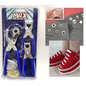 May include: A set of two punch pliers with blue handles and a bag of silver eyelets. The packaging has the word "MAX" printed on it and the words "PUNCH PLIERS SET".