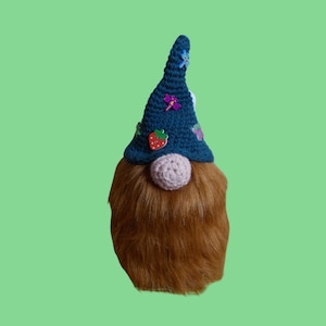 May include: A blue crocheted gnome hat with colorful embellishments, including a strawberry, a dragonfly, and flowers. The gnome has a long, brown beard.