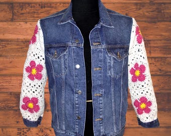 Upcycled Denim Jacket With Crocheted Sleeves, Women's Size Medium Jean Jacket.