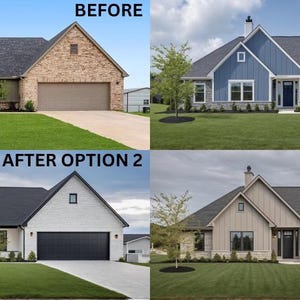 May include: Before and after images of a house exterior remodel. The original house is brown brick with a grey roof. The first remodel option is blue siding with a grey stone facade. The second remodel option is white siding with a grey stone facade. The third remodel option is beige siding with a grey stone facade.