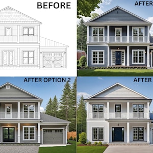 May include: An image shows a house blueprint and three colour renderings of a house. The renderings depict a two-storey house with a garage, balcony, and multiple windows. The house exteriors are painted in shades of blue, grey, and white.