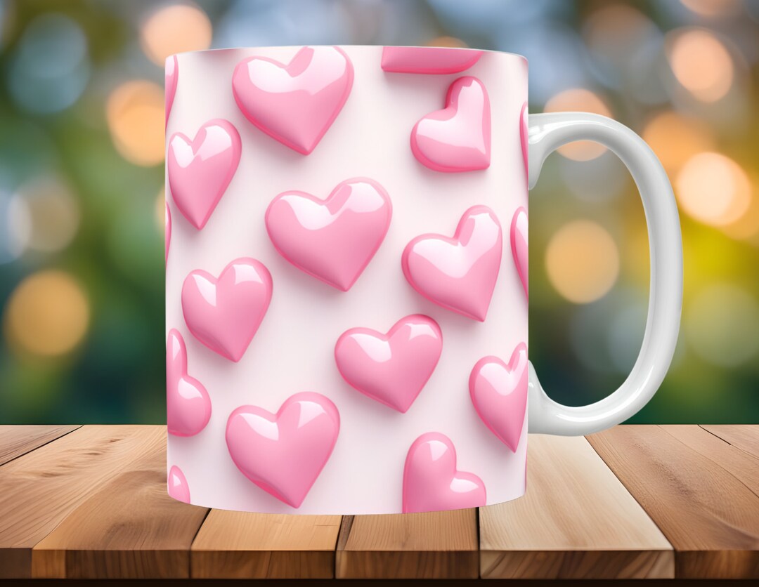 3D Valentines Pink Love Hearts Mug Wrap, 11oz and 15oz Mug Sublimation