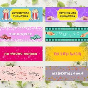 Puede incluir: Diez marcadores digitales imprimibles coloridos con títulos de temática cinematográfica. Los marcadores presentan una variedad de diseños, que incluyen palomitas de maíz, coches y corazones.