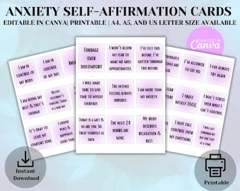 May include: Anxiety self-affirmation cards with phrases like "I am in control of my body" and "I will make sure to give time to myself everyday." The cards are editable in Canva and available in A4, A5, and US letter sizes. Includes an instant download and printable option.