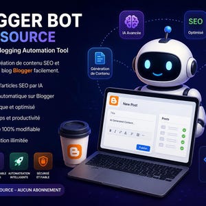 May include: An illustration promoting an AI-powered blogging automation tool. A robot sits next to a laptop displaying a blog post interface. Text includes "BLOGGER BOT OPEN SOURCE" and features like SEO optimization and content generation.