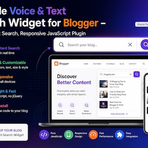Peut inclure: Image promotionnelle pour un widget de recherche pour Blogger. L'image montre un ordinateur portable et un smartphone affichant une interface de recherche de blog. Le texte comprend "Editable Voice & Text Search Widget for Blogger" et des fonctionnalités telles que "Smart Instant Search."
