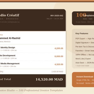 Pode incluir: Modelo de fatura digital da Studio Créatif, com um esquema de cores castanho e bege. A fatura inclui detalhes para Design de Identidade de Marca, Desenvolvimento de Websites e Gestão de Redes Sociais. Exportação PDF, assinatura digital e acesso offline.