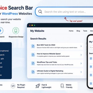 Może przedstawiać: Grafika cyfrowa promująca "Inteligentny pasek wyszukiwania głosowego" dla stron WordPress. Obraz przedstawia interfejs strony internetowej z paskiem wyszukiwania i smartfonem wyświetlającym wyniki wyszukiwania. Tekst podkreśla funkcje takie jak wyszukiwanie głosowe.