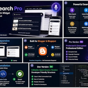 Może przedstawiać: Grafika promocyjna dla SmartSearch Pro, widgetu wyszukiwania głosowego i tekstowego dla Blogger i Blogspot. Obraz przedstawia funkcje takie jak wyszukiwanie głosowe, natychmiastowe wyniki i responsywny design.