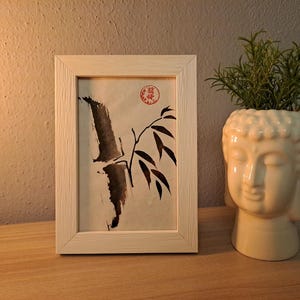 Bambù Sumi-e - Dipinto a Inchiostro su Carta artigianale, 10x15 cm, Cornice Bianca