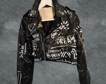 Handgraffiti-Lederjacke | Jacke mit individuellem Text | Lederjacke | Motorradjacke | Damenjacke | Handbemalte Lederjacke |