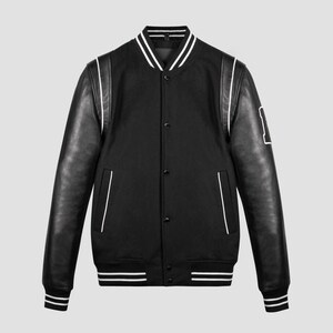 Premium Black Leather Varsity Jacket For Men Genuine Sheep Leather Baseball Bomber Jacket Slim-fit Leather Lettermen Jacket Gift for Him