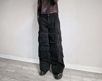 Handgemachte Schwarze weitbeinig einzigartige schwarze Raver Baggy Denim Cargohose mit mehreren Taschen nicht dehnbar andere Farben erhältlich