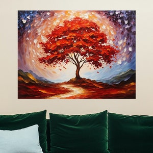 Puede incluir: Una pintura de un gran árbol rojo con un camino que conduce a él. El árbol está rodeado de un fondo de blanco y azul que gira.