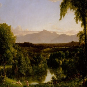 May include: A landscape painting depicting a river winding through a lush green valley, with a mountain range in the background. The sky is a soft blue with wispy clouds. The painting is in a romantic style, with a sense of peace and tranquility.