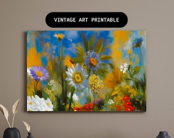 May include: A vintage art print depicting a colourful floral bouquet with a variety of flowers, including daisies, sunflowers, and bluebells. The flowers are painted in a realistic style with vibrant colours and textures. The background is a soft blue and yellow gradient, creating a dreamy and romantic atmosphere.