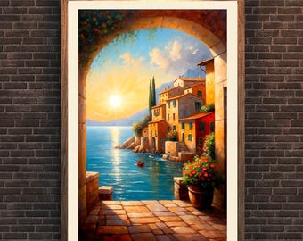 Coastal Village Seascape Print, Vintage Style Wall Art (Digital Download)