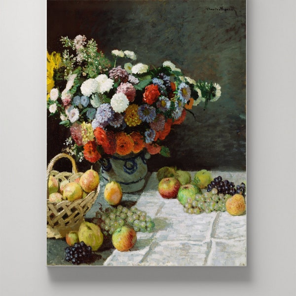 Still Life with Flowers and Fruit, 1869 vintage art masterpiece by the world-renowned artist Claude Monet, instant download, wall art print.