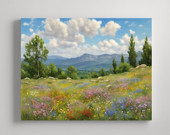 May include: A painting depicting a field of wildflowers in full bloom, with a mountain range in the background. The sky is blue with white clouds.