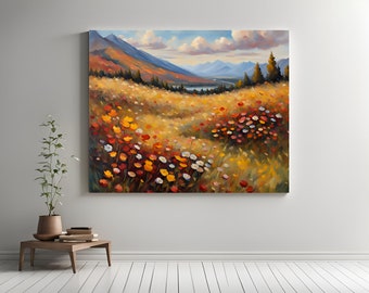 May include: A painting depicting a field of wildflowers in a mountain valley. The flowers are in shades of red, orange, yellow, and white. The mountains in the background are blue and purple. The sky is blue with white clouds.