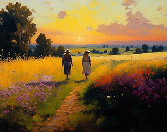 May include: Two people in straw hats walk along a path through a field of yellow wildflowers and purple flowers. The sun is setting in the background, casting a warm glow over the scene.