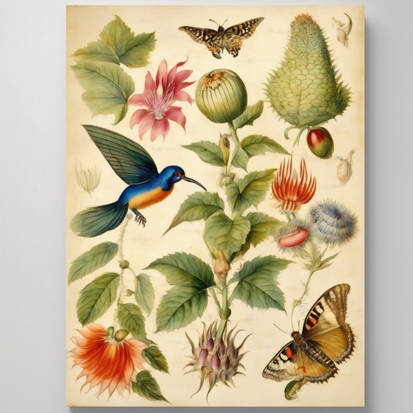Exotic Flora and Fauna, vintage wall art, Floral wall art, Digital download printable, Botanical wall art, printable art, download print.