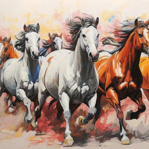 野生の馬の水彩画：自由に歩き回れる、カラフルな壁アート（デジタル