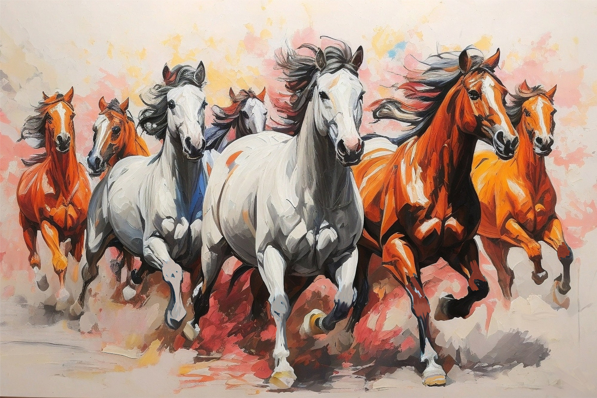 野生の馬の水彩画：自由に歩き回れる、カラフルな壁アート（デジタル