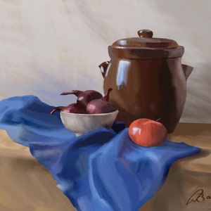 Puede incluir: Un bodegón con una olla de cerámica marrón con tapa, un cuenco de cebollas rojas, una manzana roja y un paño azul drapeado sobre una superficie de madera.