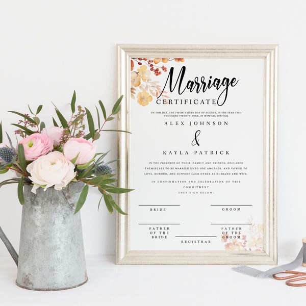 Wedding Certificate Template, Certificate of Marriage, Wedding Vow Keepsake, Terracotta, Editable Wedding Template, Instant Print, TTKP006