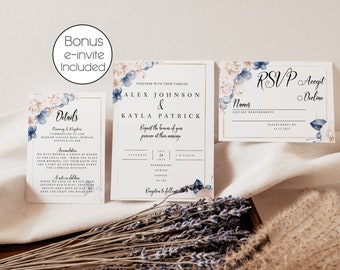 Wedding Invite Bundle, RSVP Template, Details Wedding Invite, Digital Wedding Invitation, Navy Blush, Editable Wedding Template, TTKP012