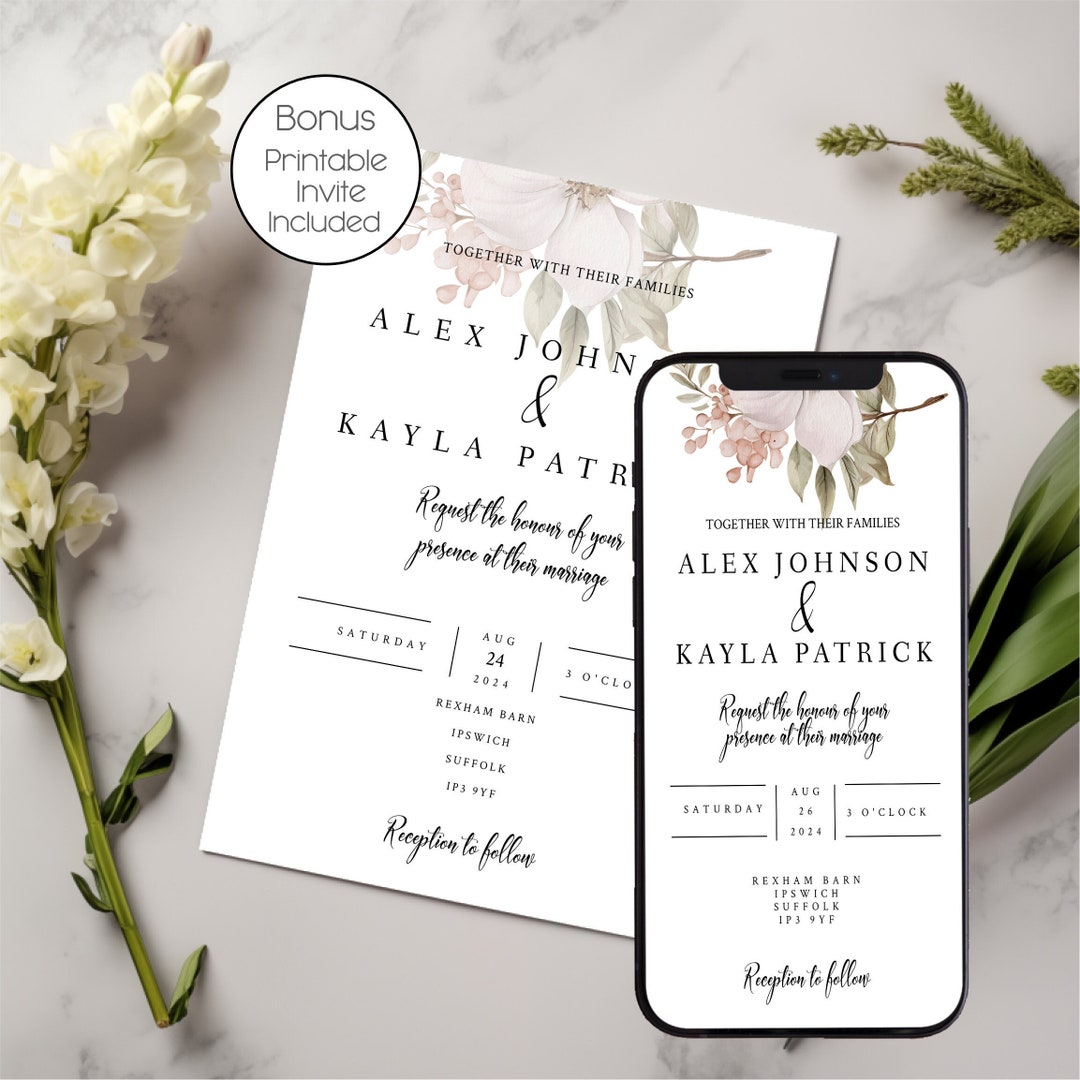 Digital Wedding Invitation, Mobile Phone Invite, Einvite, Wedding Invite Template, Blush Flower