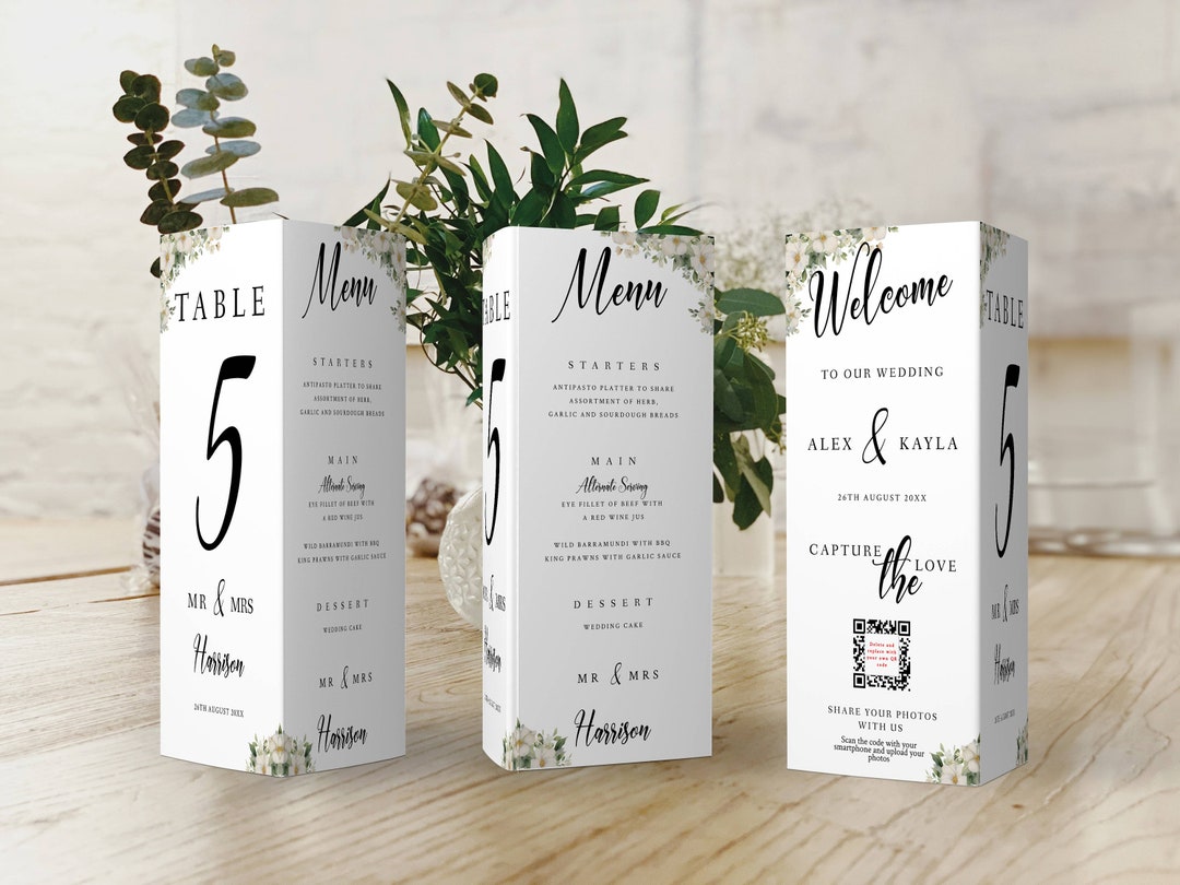 Trifold Menu, Triangle Table Number, White Flowers, Wedding Menu ...