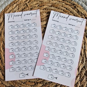Op de afbeelding: Twee roze en witte printbare vellen met de tekst "Maand vooruit" en een regel voor "Rekening" en "Bedrag: €". De vellen zijn gevuld met portemonnee-iconen om maandelijkse uitgaven bij te houden.