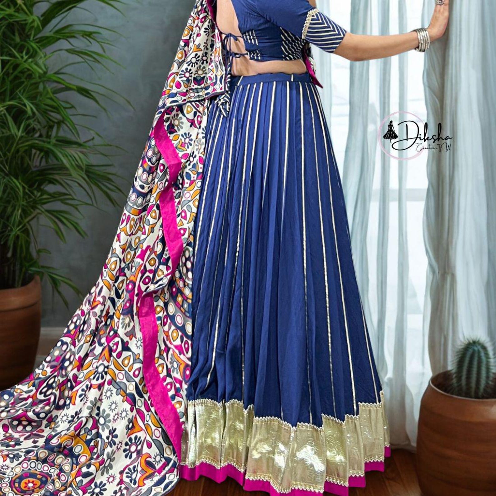 Navy Blue Chanderi Zari Weaving and Embossed Lace Lehenga Choli