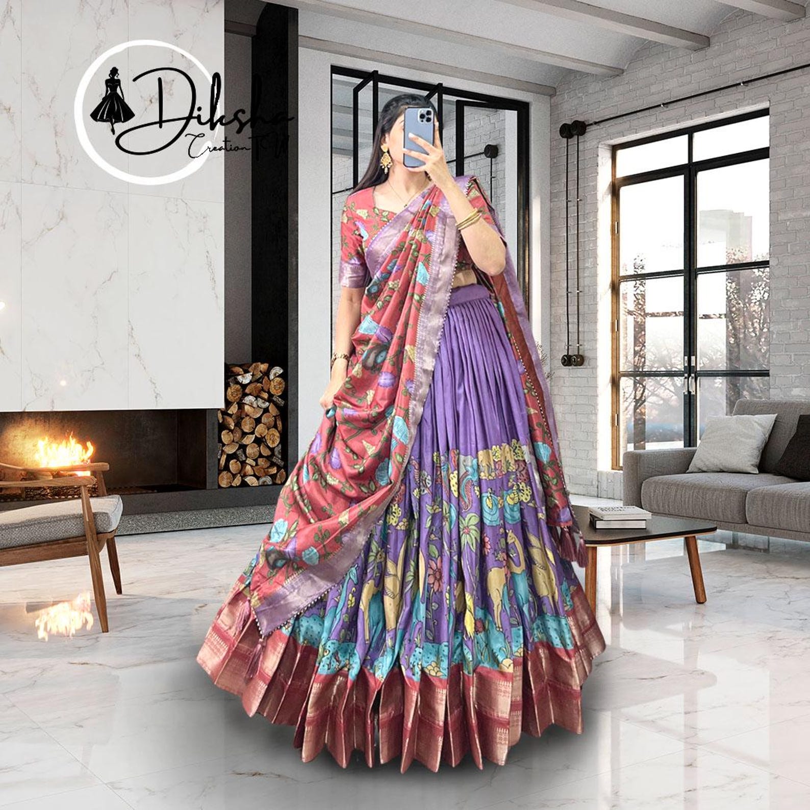 Semi Stich Kalamkari Chenuri silk Unstitched Lehengas
