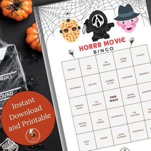 Tarjetas de bingo de películas de terror imprimibles, actividad nocturna de juegos divertidos, descarga instantánea