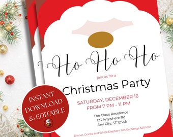 May include: A red and white Christmas party invitation with a Santa Claus illustration. The invitation reads "Ho Ho Ho join us for a Christmas Party" and includes the date, time, and location of the party. The text also mentions a white elephant gift exchange with a $25 limit.