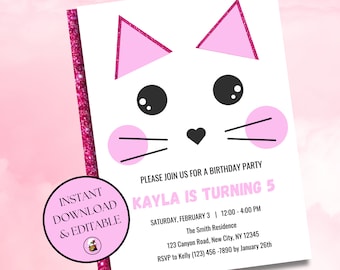 Pink Glitter Cat Birthday Invitation: Editable Party Invite (Digital PDF)
